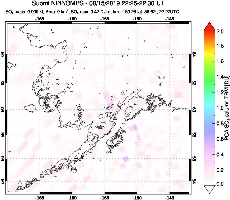 A sulfur dioxide image over Alaska, USA on Aug 15, 2019.