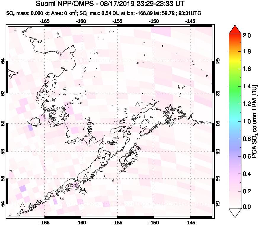 A sulfur dioxide image over Alaska, USA on Aug 17, 2019.