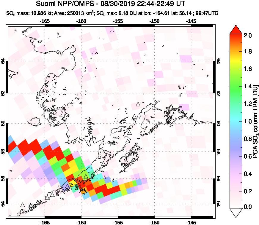 A sulfur dioxide image over Alaska, USA on Aug 30, 2019.