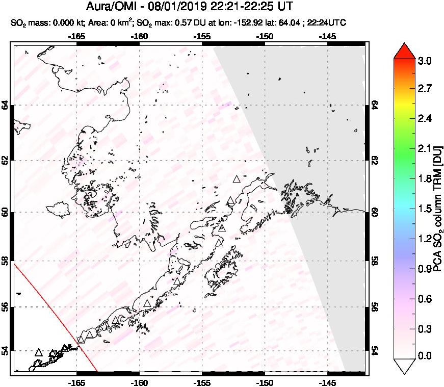 A sulfur dioxide image over Alaska, USA on Aug 01, 2019.