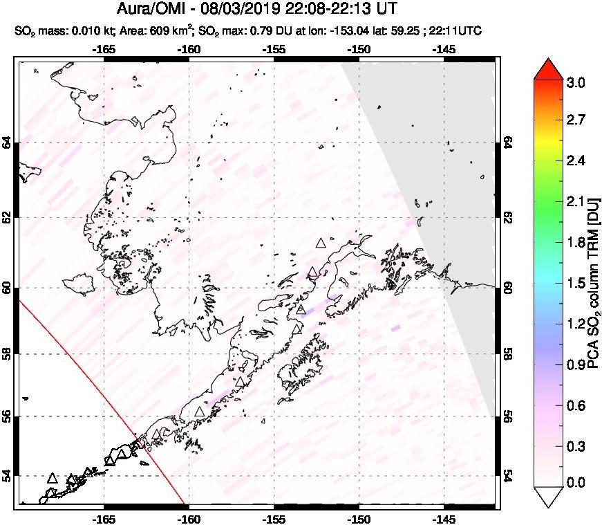 A sulfur dioxide image over Alaska, USA on Aug 03, 2019.