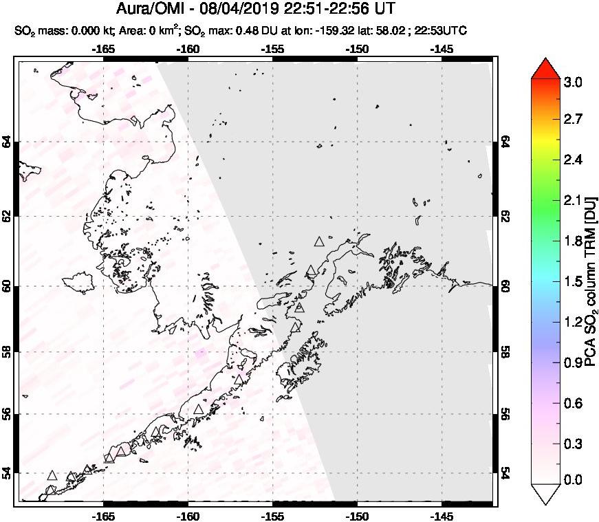 A sulfur dioxide image over Alaska, USA on Aug 04, 2019.