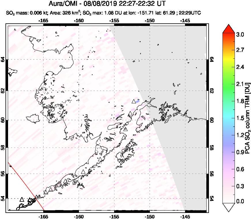 A sulfur dioxide image over Alaska, USA on Aug 08, 2019.