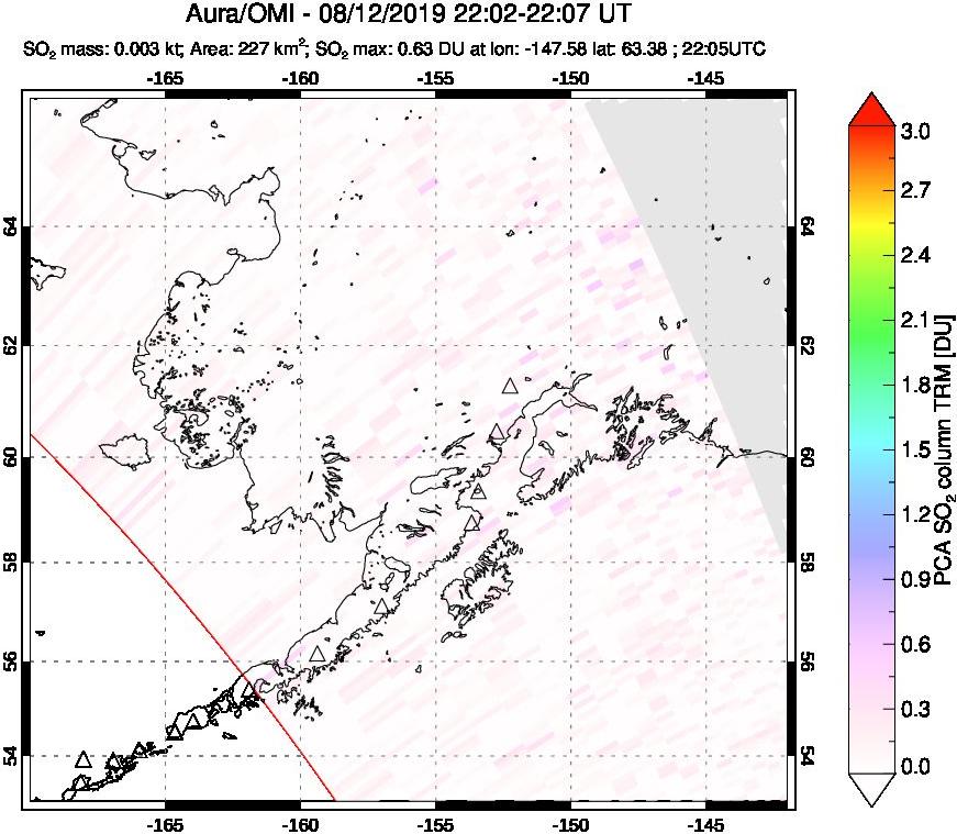 A sulfur dioxide image over Alaska, USA on Aug 12, 2019.