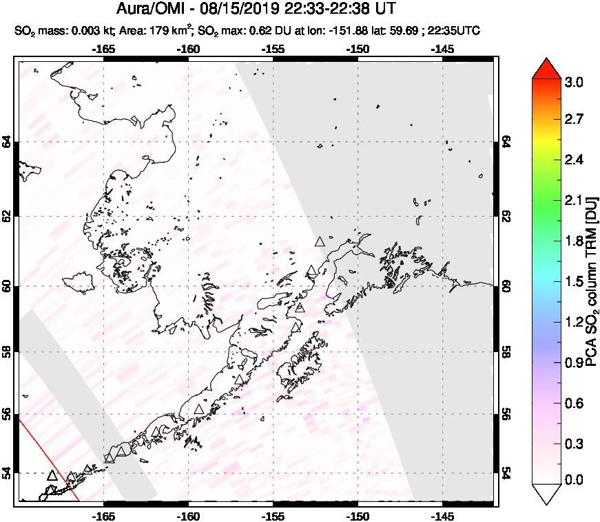 A sulfur dioxide image over Alaska, USA on Aug 15, 2019.
