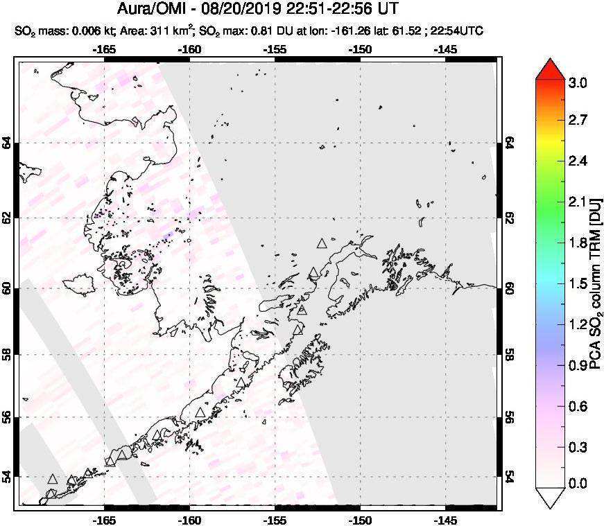 A sulfur dioxide image over Alaska, USA on Aug 20, 2019.