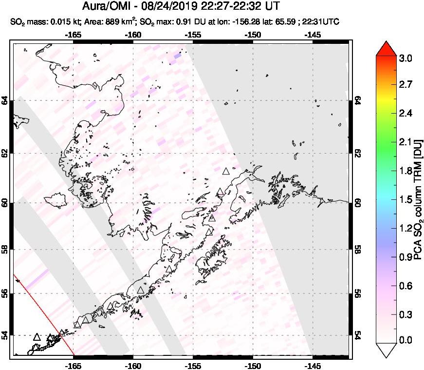 A sulfur dioxide image over Alaska, USA on Aug 24, 2019.