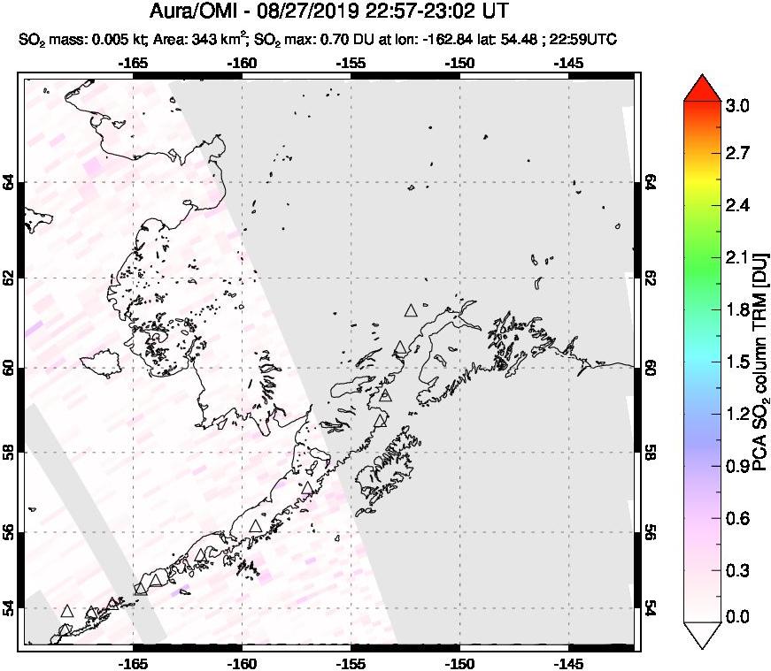 A sulfur dioxide image over Alaska, USA on Aug 27, 2019.