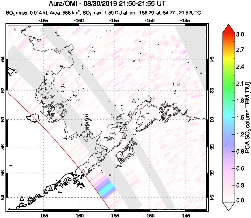A sulfur dioxide image over Alaska, USA on Aug 30, 2019.