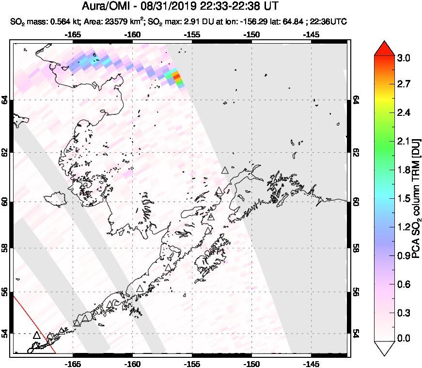 A sulfur dioxide image over Alaska, USA on Aug 31, 2019.