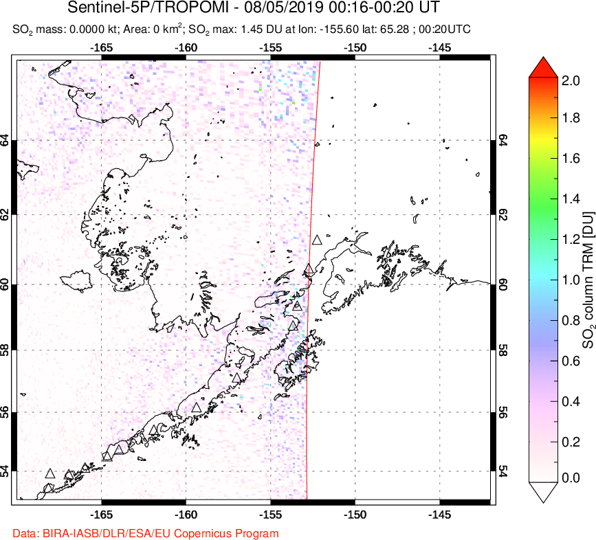 A sulfur dioxide image over Alaska, USA on Aug 05, 2019.
