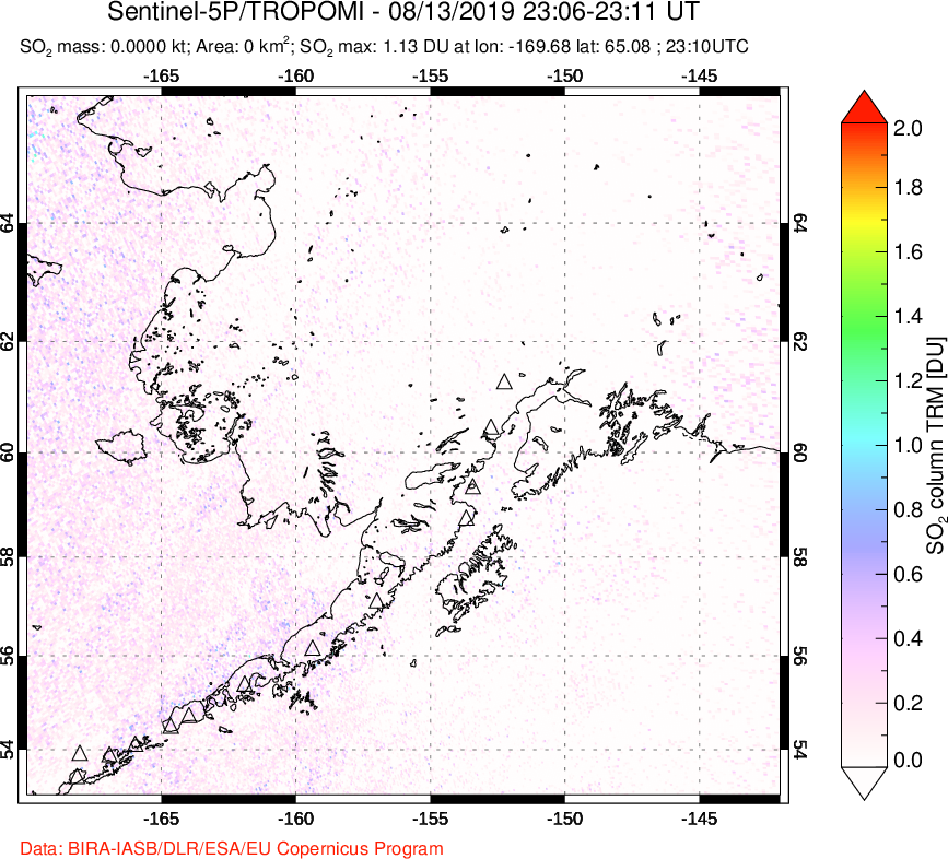 A sulfur dioxide image over Alaska, USA on Aug 13, 2019.