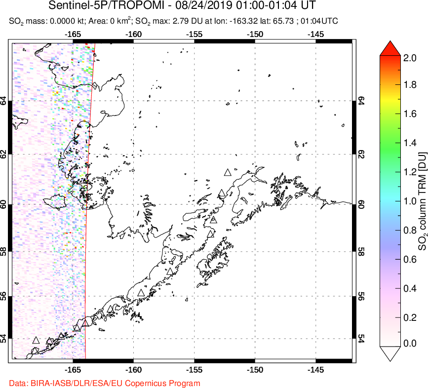A sulfur dioxide image over Alaska, USA on Aug 24, 2019.
