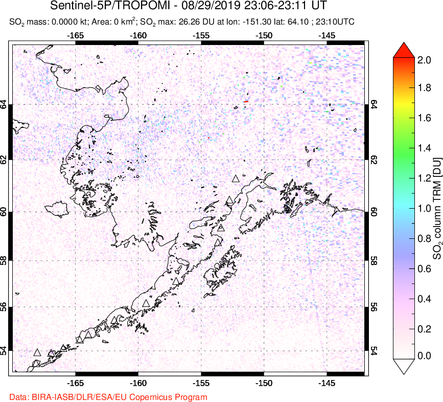 A sulfur dioxide image over Alaska, USA on Aug 29, 2019.