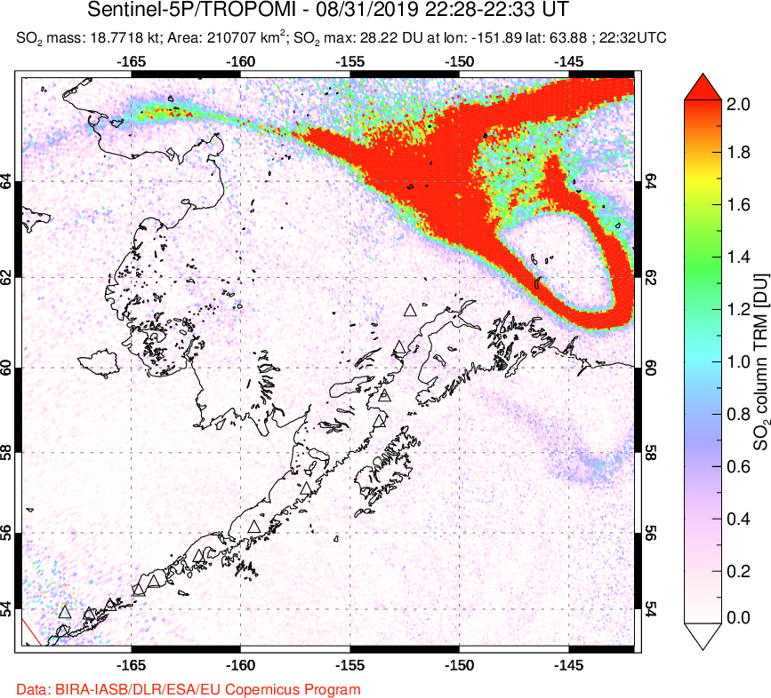 A sulfur dioxide image over Alaska, USA on Aug 31, 2019.