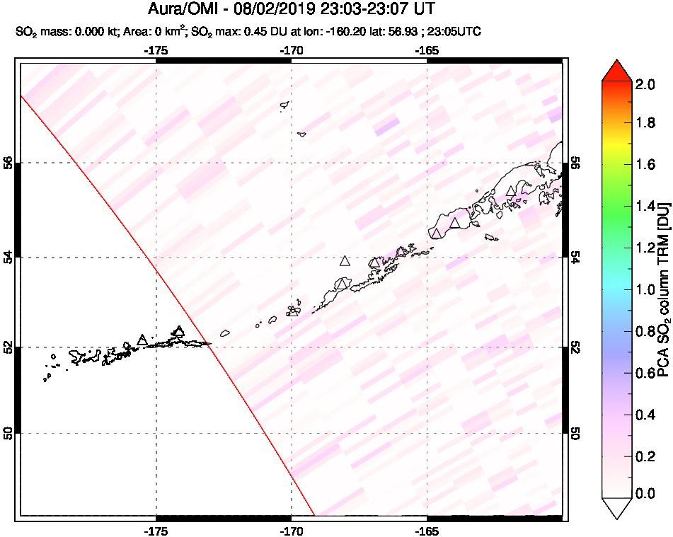 A sulfur dioxide image over Aleutian Islands, Alaska, USA on Aug 02, 2019.