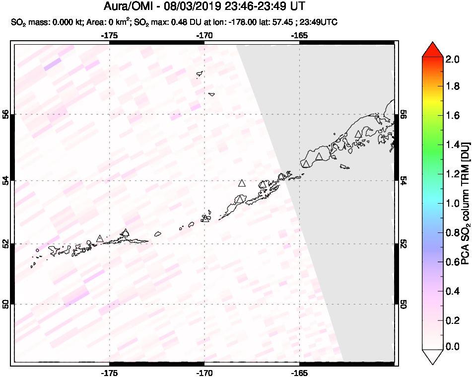 A sulfur dioxide image over Aleutian Islands, Alaska, USA on Aug 03, 2019.