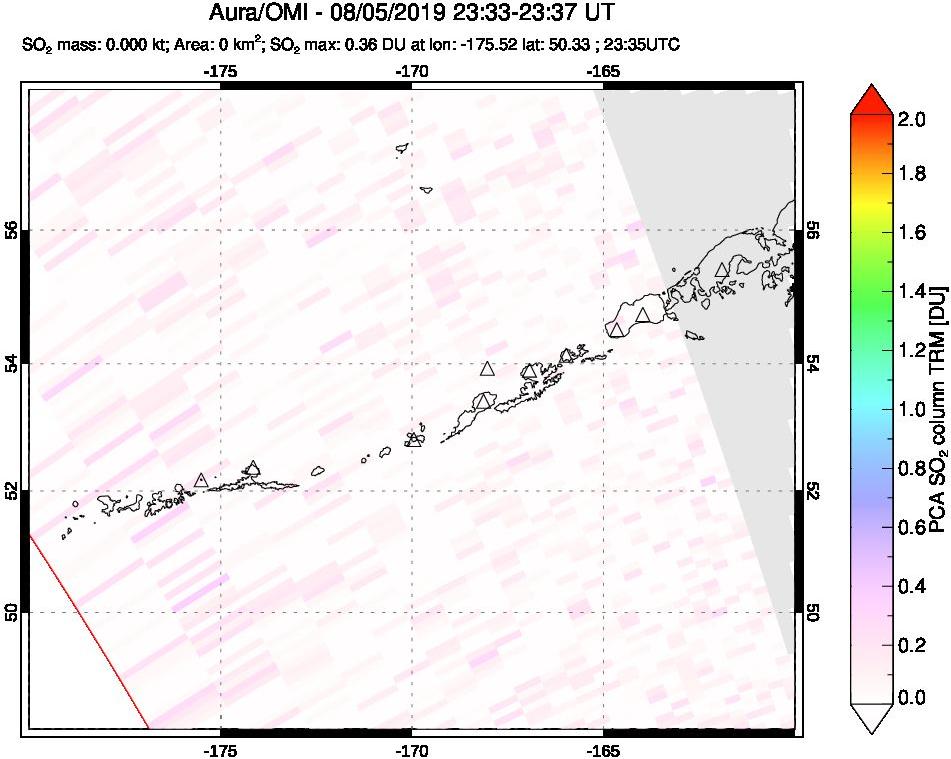 A sulfur dioxide image over Aleutian Islands, Alaska, USA on Aug 05, 2019.