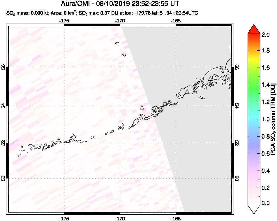 A sulfur dioxide image over Aleutian Islands, Alaska, USA on Aug 10, 2019.