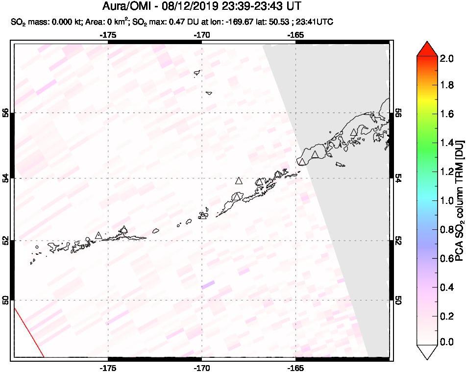 A sulfur dioxide image over Aleutian Islands, Alaska, USA on Aug 12, 2019.
