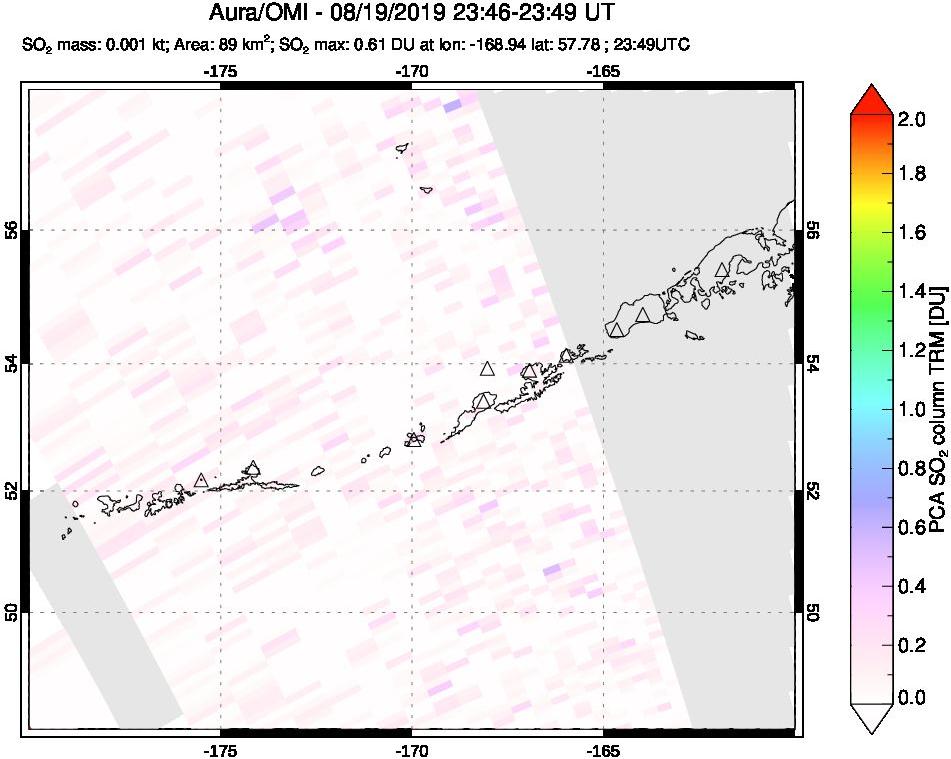 A sulfur dioxide image over Aleutian Islands, Alaska, USA on Aug 19, 2019.