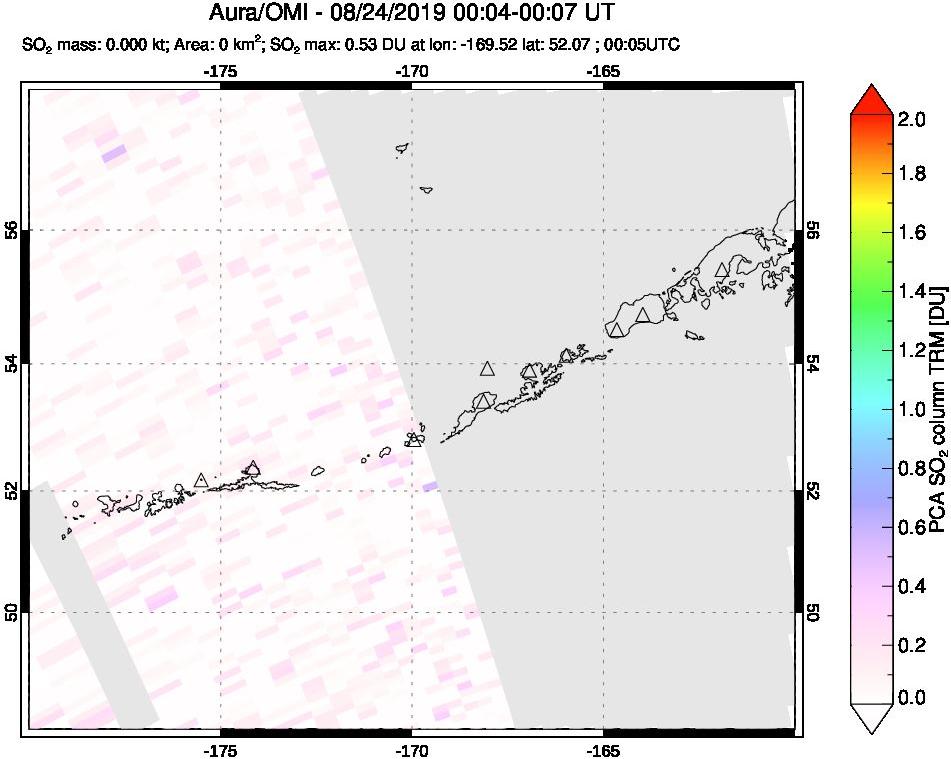 A sulfur dioxide image over Aleutian Islands, Alaska, USA on Aug 24, 2019.