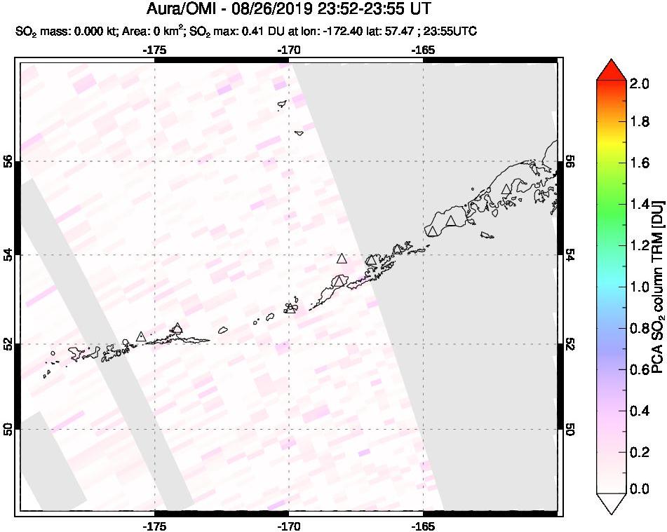 A sulfur dioxide image over Aleutian Islands, Alaska, USA on Aug 26, 2019.