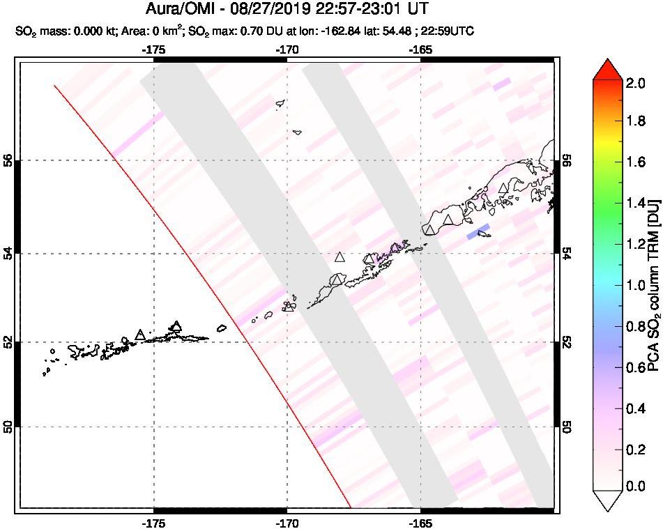 A sulfur dioxide image over Aleutian Islands, Alaska, USA on Aug 27, 2019.