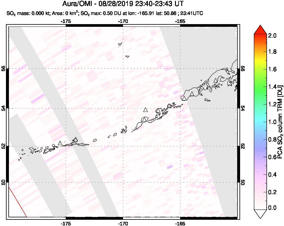 A sulfur dioxide image over Aleutian Islands, Alaska, USA on Aug 28, 2019.