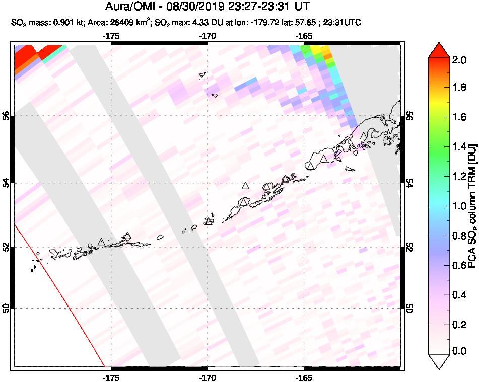 A sulfur dioxide image over Aleutian Islands, Alaska, USA on Aug 30, 2019.
