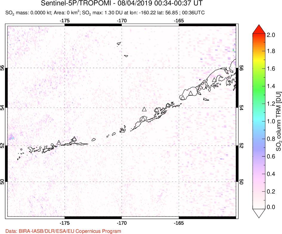 A sulfur dioxide image over Aleutian Islands, Alaska, USA on Aug 04, 2019.