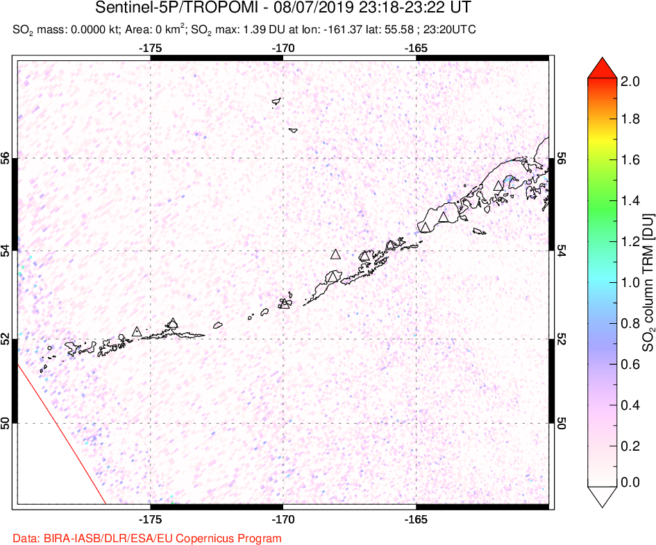 A sulfur dioxide image over Aleutian Islands, Alaska, USA on Aug 07, 2019.