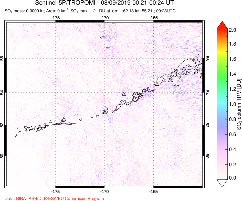 A sulfur dioxide image over Aleutian Islands, Alaska, USA on Aug 09, 2019.