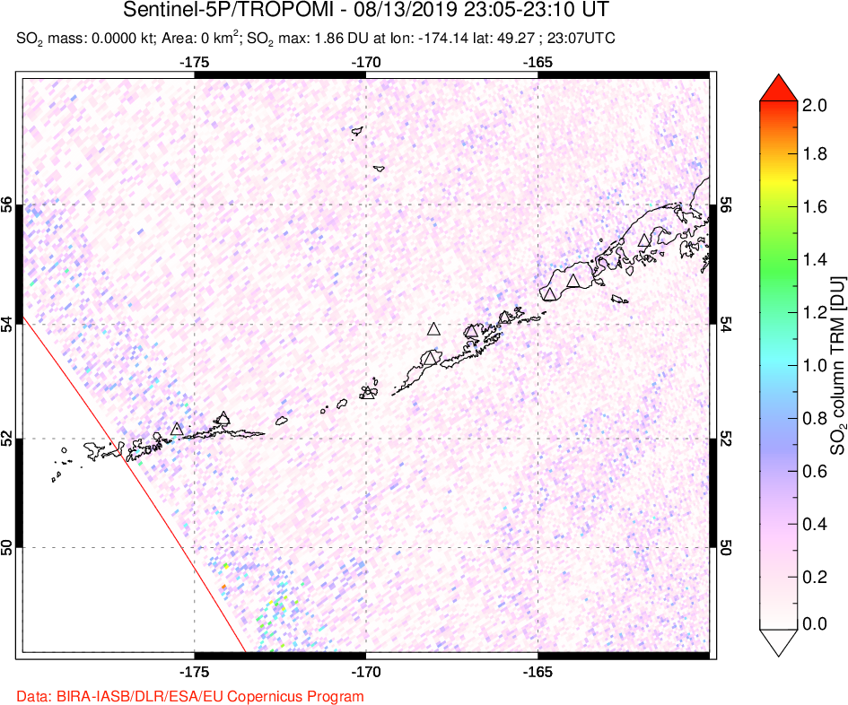 A sulfur dioxide image over Aleutian Islands, Alaska, USA on Aug 13, 2019.