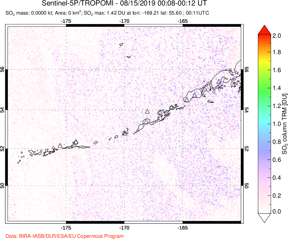 A sulfur dioxide image over Aleutian Islands, Alaska, USA on Aug 15, 2019.