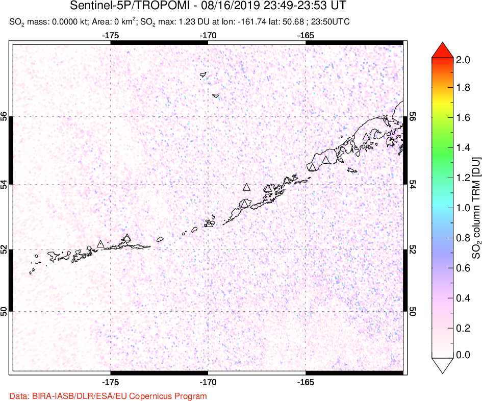A sulfur dioxide image over Aleutian Islands, Alaska, USA on Aug 16, 2019.