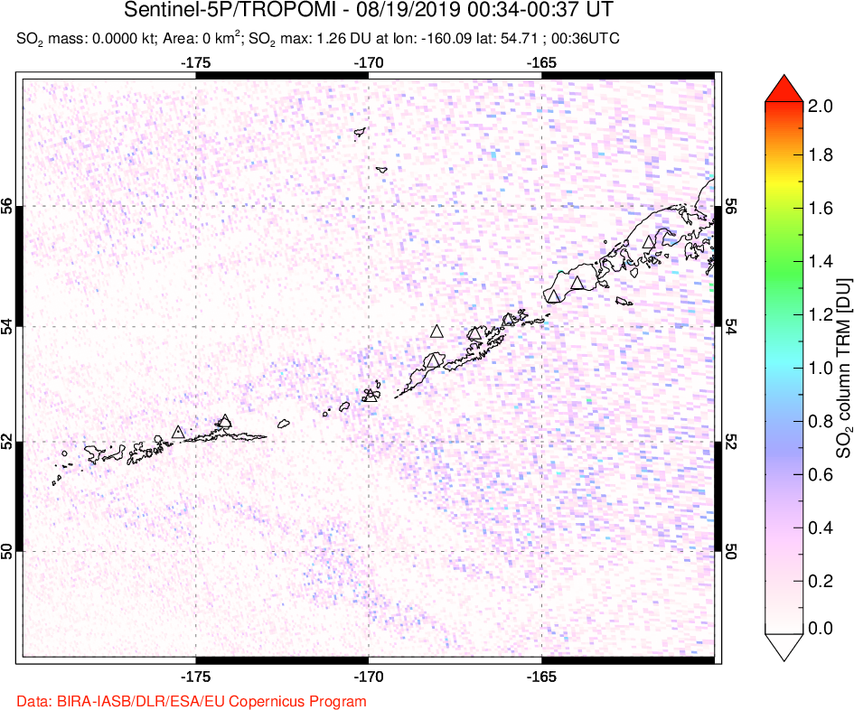 A sulfur dioxide image over Aleutian Islands, Alaska, USA on Aug 19, 2019.