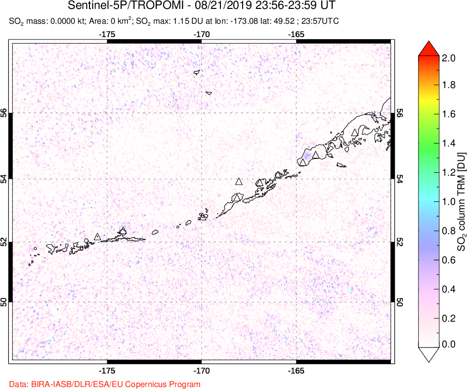 A sulfur dioxide image over Aleutian Islands, Alaska, USA on Aug 21, 2019.