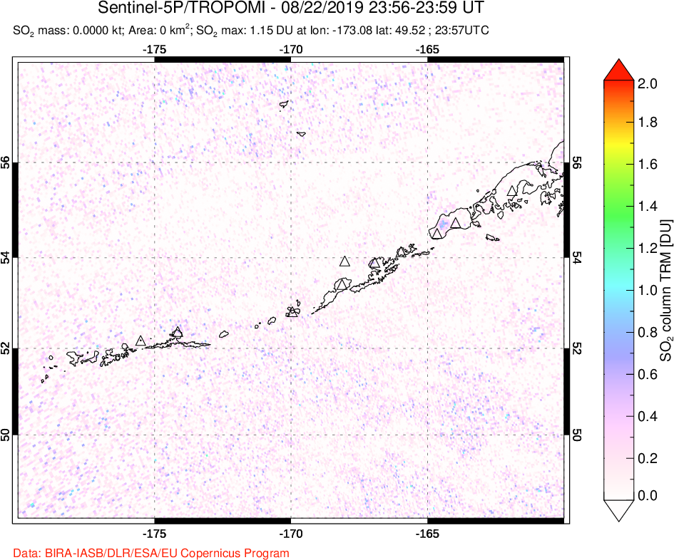 A sulfur dioxide image over Aleutian Islands, Alaska, USA on Aug 22, 2019.