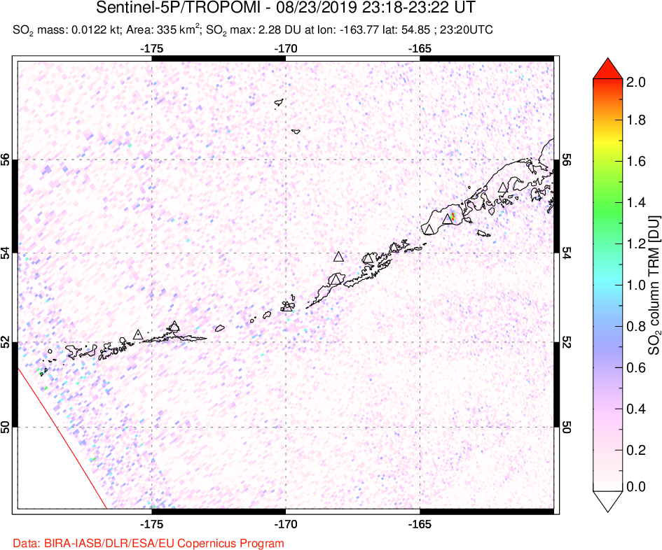 A sulfur dioxide image over Aleutian Islands, Alaska, USA on Aug 23, 2019.