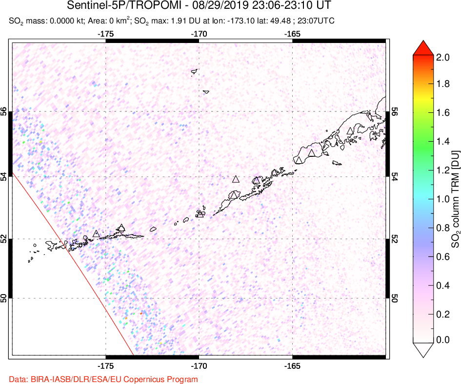 A sulfur dioxide image over Aleutian Islands, Alaska, USA on Aug 29, 2019.