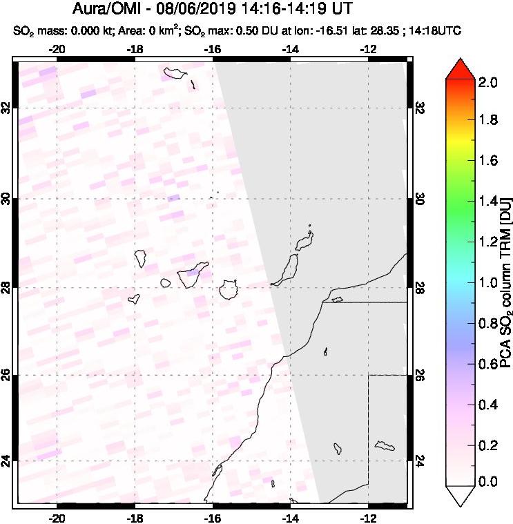 A sulfur dioxide image over Canary Islands on Aug 06, 2019.