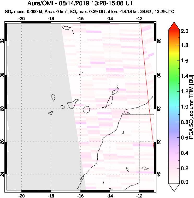 A sulfur dioxide image over Canary Islands on Aug 14, 2019.