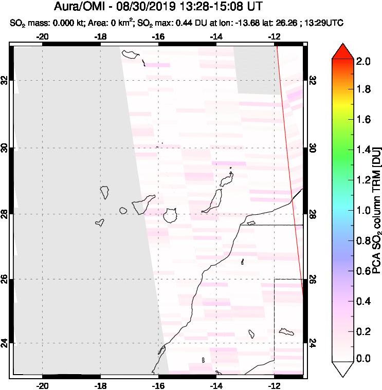 A sulfur dioxide image over Canary Islands on Aug 30, 2019.