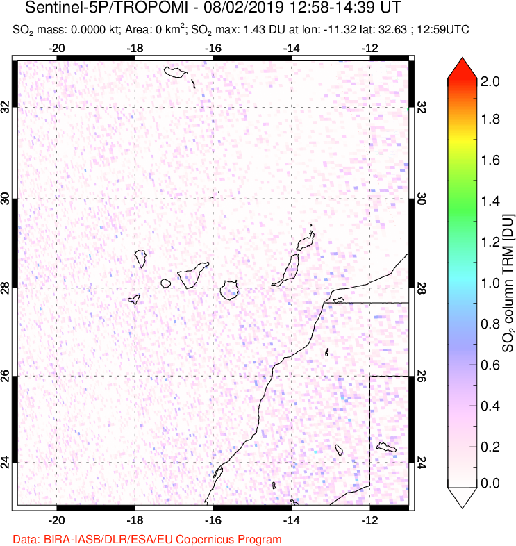 A sulfur dioxide image over Canary Islands on Aug 02, 2019.