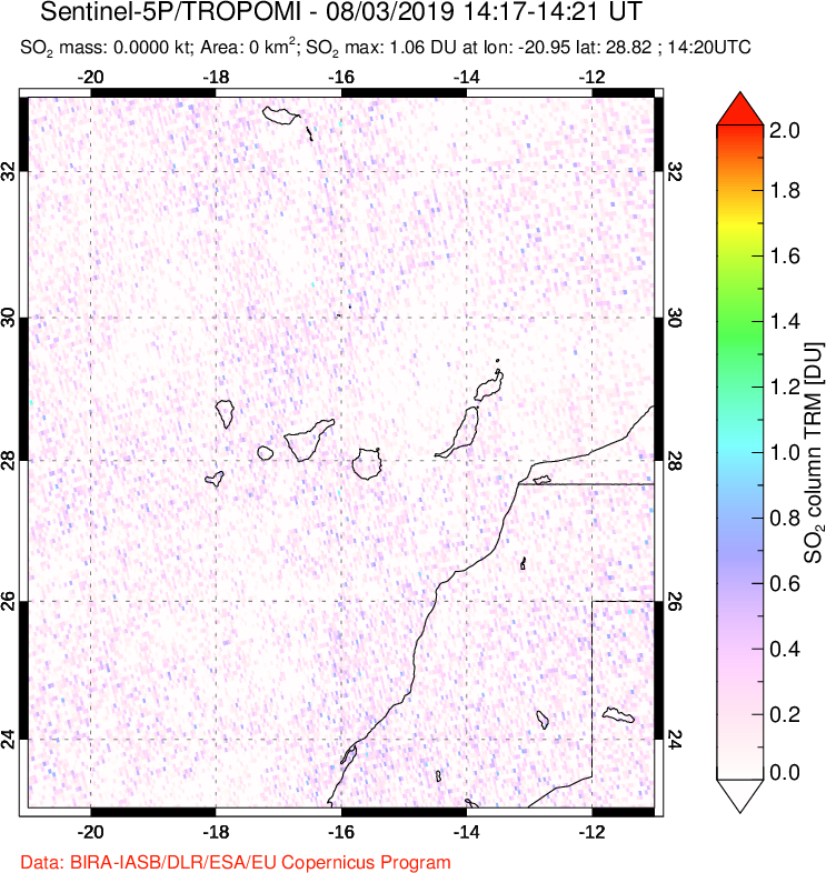 A sulfur dioxide image over Canary Islands on Aug 03, 2019.