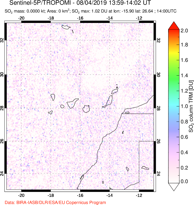 A sulfur dioxide image over Canary Islands on Aug 04, 2019.