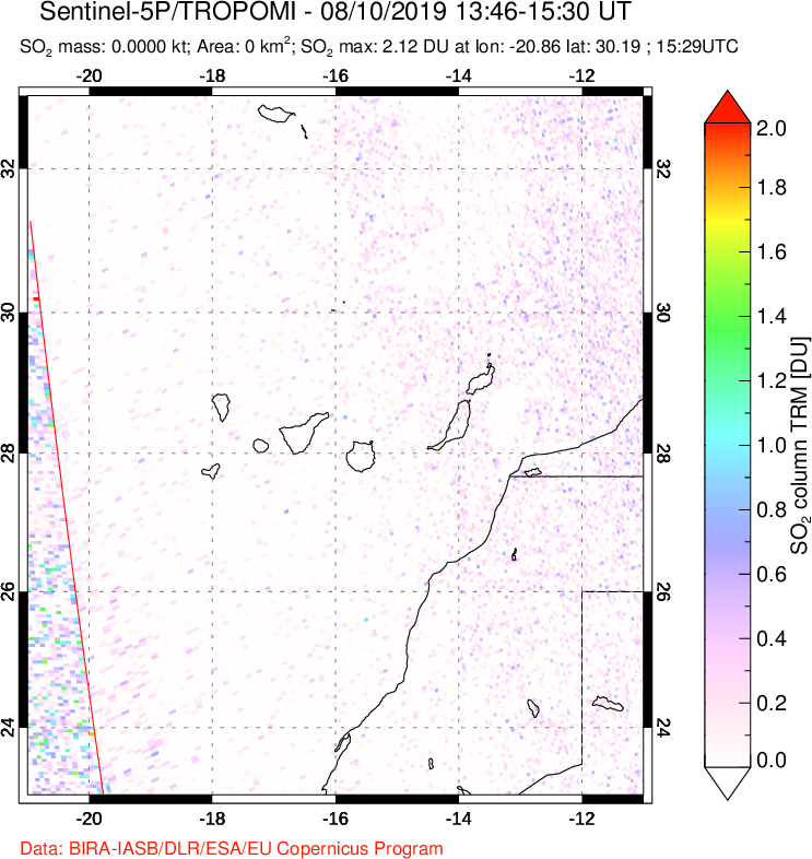 A sulfur dioxide image over Canary Islands on Aug 10, 2019.