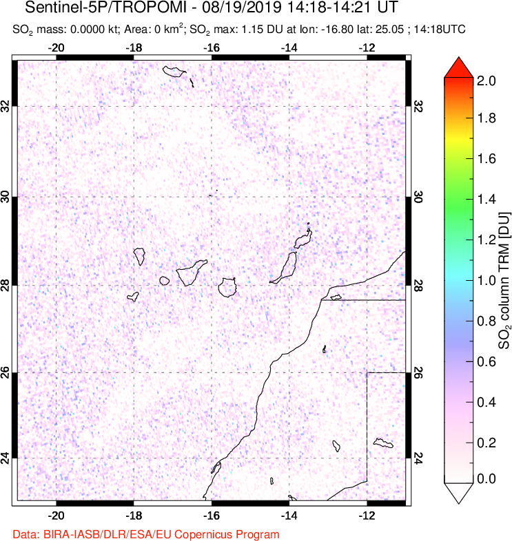 A sulfur dioxide image over Canary Islands on Aug 19, 2019.