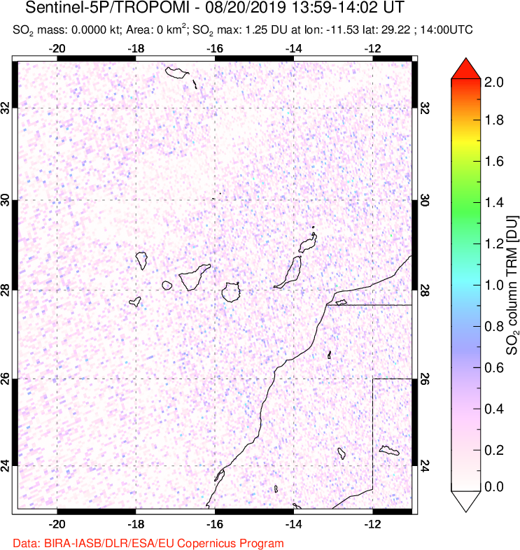 A sulfur dioxide image over Canary Islands on Aug 20, 2019.